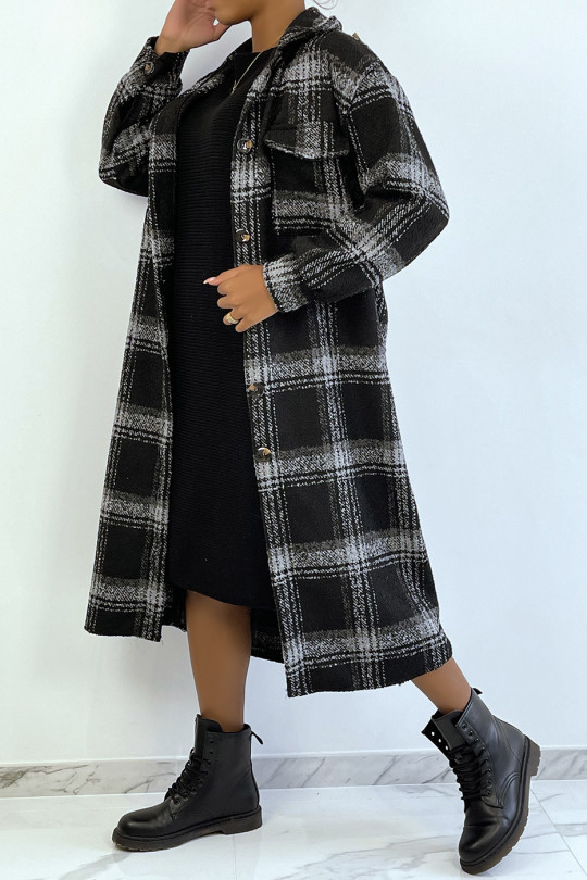 Long manteau style sur-chemise à carreaux noir et gris bien épais - 3