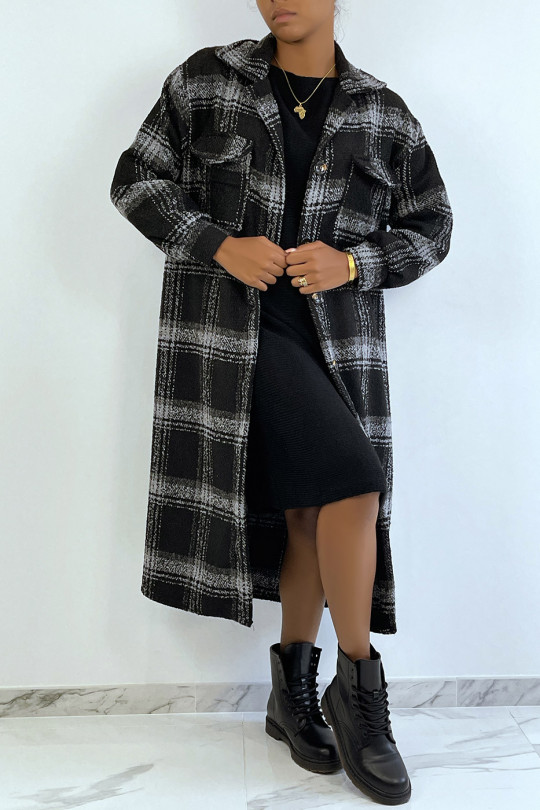 Long manteau style sur-chemise à carreaux noir et gris bien épais - 5