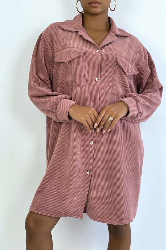 Longue sur chemise rose en velours avec poches au buste - 1
