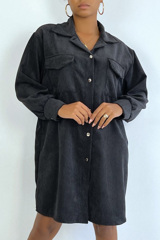 Longue sur chemise noire en velours avec poches au buste - 1