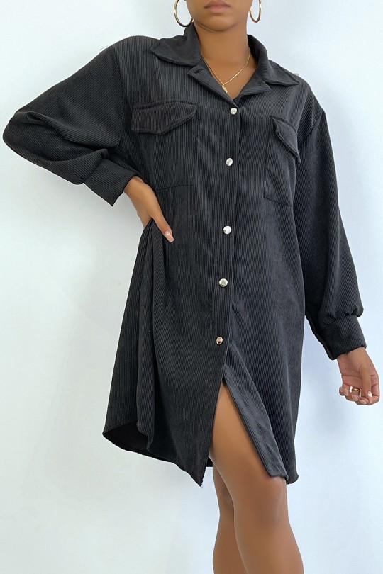 Longue sur chemise noire en velours avec poches au buste - 2