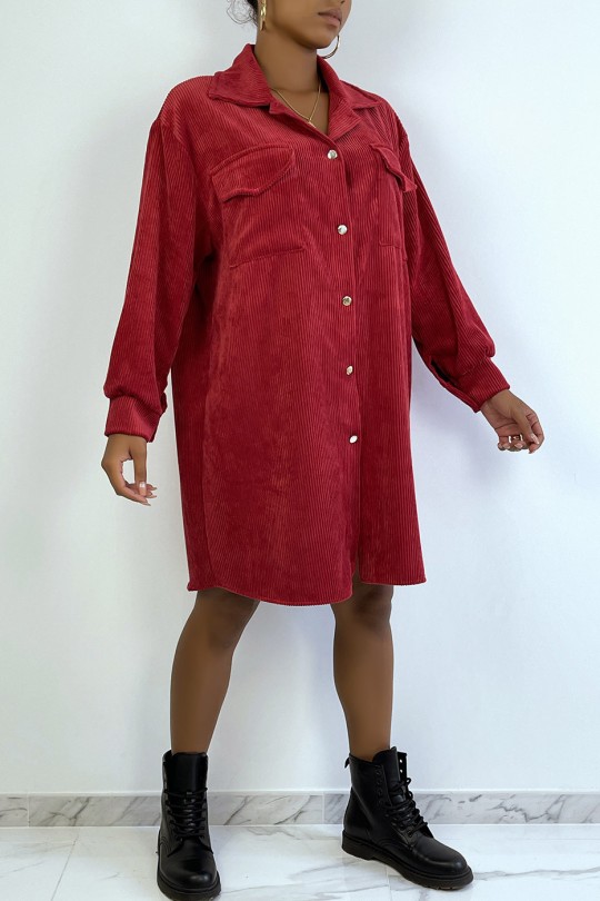 Longue sur chemise rouge en velours avec poches au buste - 5