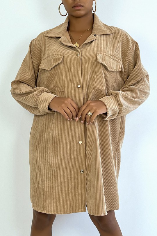 Long over camel velvet shirt with pockets at the bust - 1