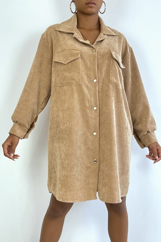 Long over camel velvet shirt with pockets at the bust - 2
