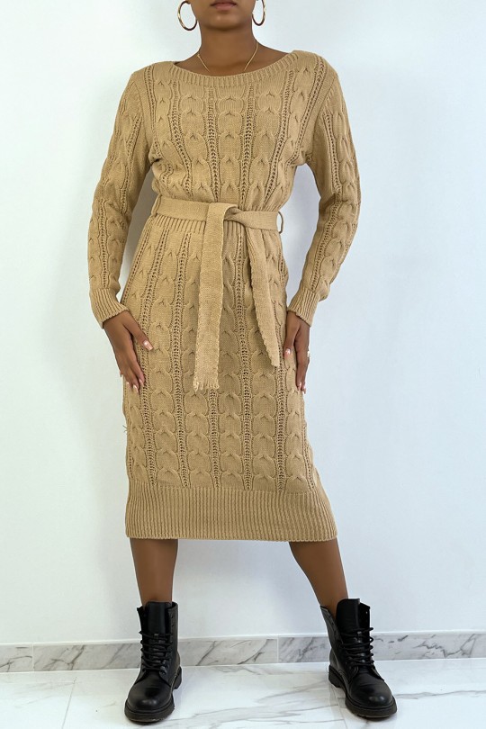 Long braided camel sweater dress with belt - 1