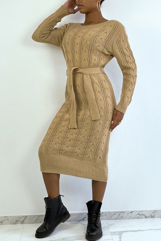Long braided camel sweater dress with belt - 2