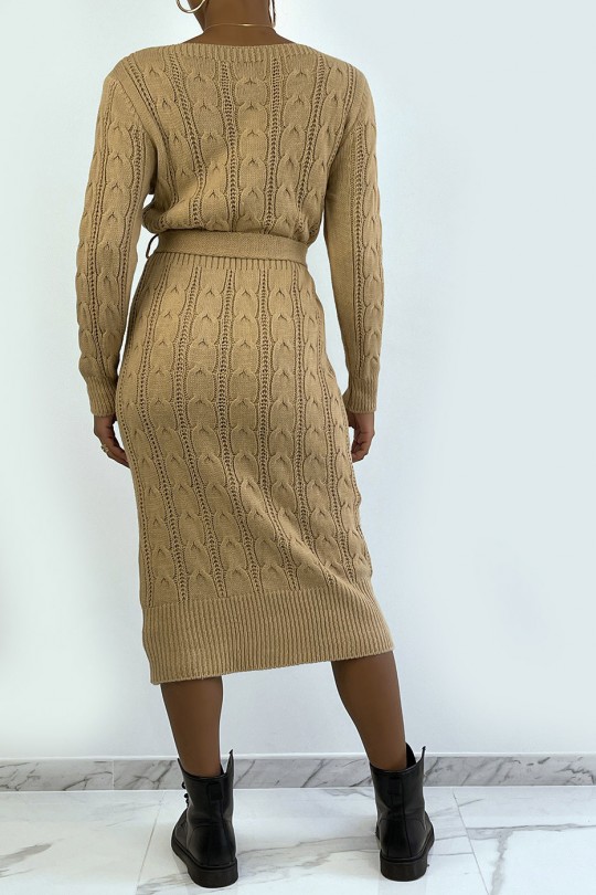 Long braided camel sweater dress with belt - 3