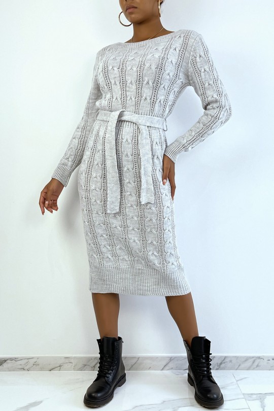 Long gray braided sweater dress with belt - 2