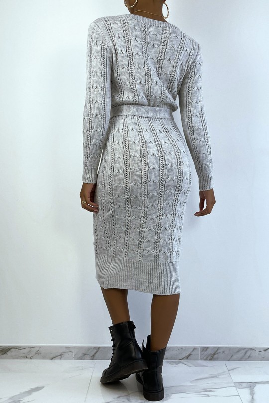 Long gray braided sweater dress with belt - 4