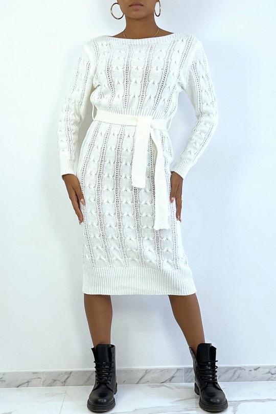 Long braided white sweater dress with belt - 1