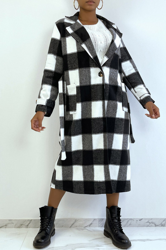 Long manteau à carreaux noir et blanc bien épais avec poche et ceinture - 1