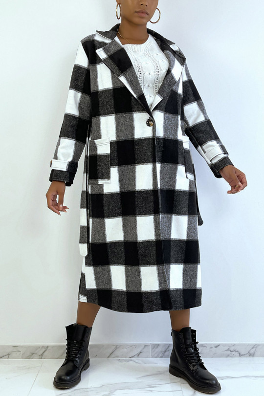 Long manteau à carreaux noir et blanc bien épais avec poche et ceinture - 3