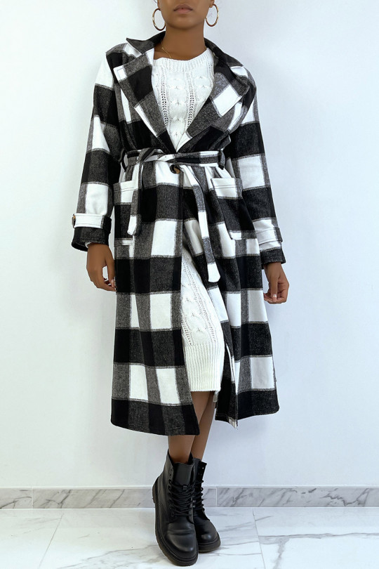 Long manteau à carreaux noir et blanc bien épais avec poche et ceinture - 4