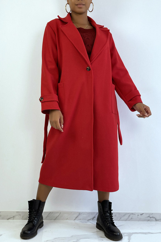 Long manteau rouge over size avec boutons et poches - 1