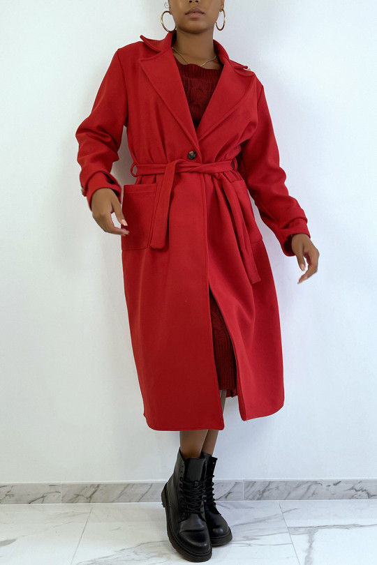 Long manteau rouge over size avec boutons et poches - 2