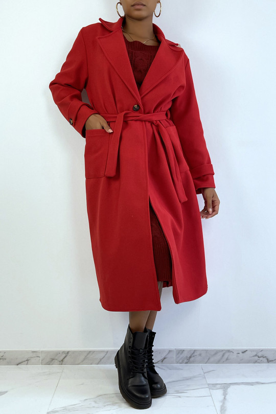 Long manteau rouge over size avec boutons et poches - 3