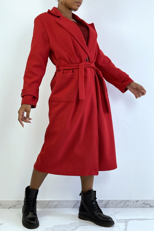 Long manteau rouge over size avec boutons et poches - 4