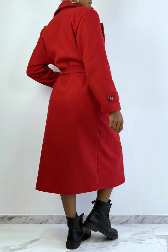Long manteau rouge over size avec boutons et poches - 5