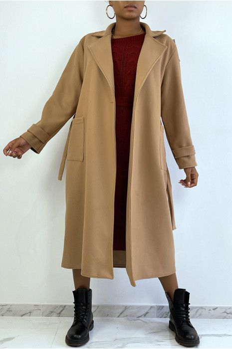 Long manteau camel over size avec boutons et poches - 1