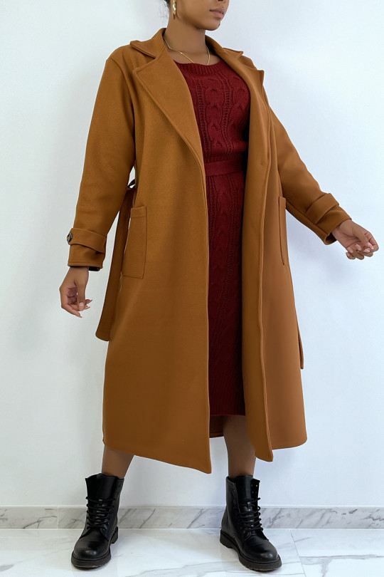 Long over size cognac coat with buttons and pockets - 2