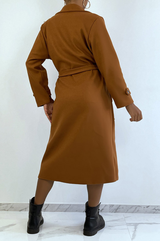 Long over size cognac coat with buttons and pockets - 4