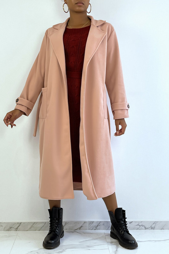 Long manteau rose over size avec boutons et poches - 1