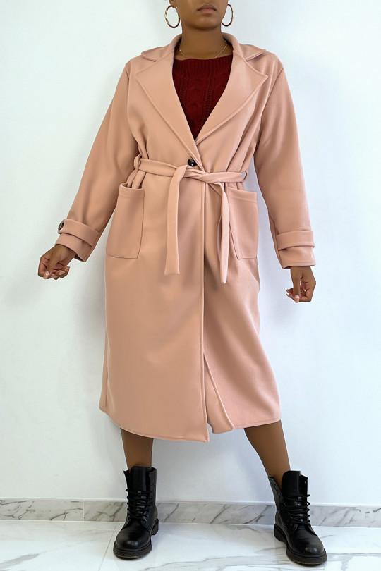 Long pink oversized coat with buttons and pockets - 3