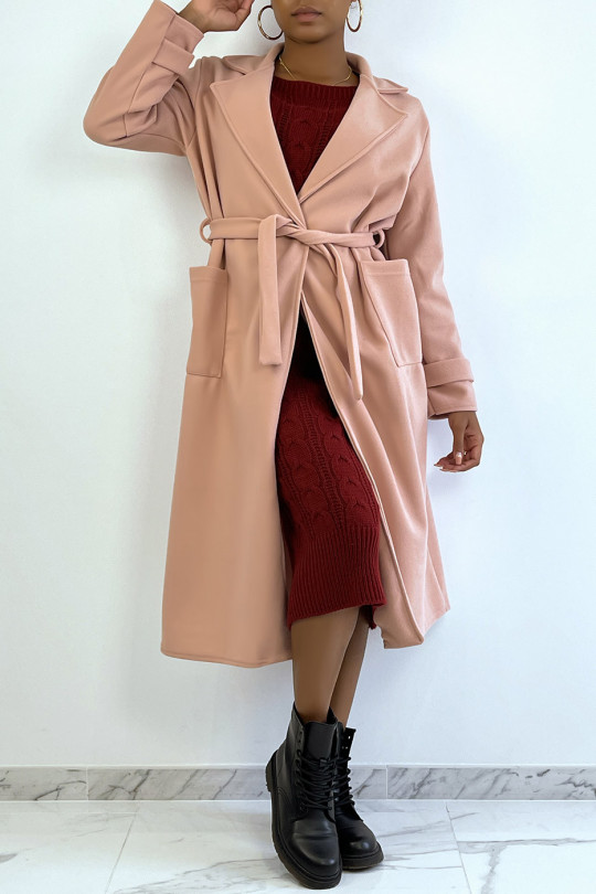 Lange roze oversized jas met knopen en zakken - 5
