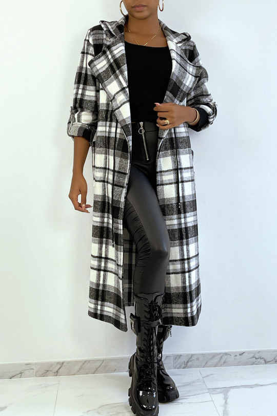 Longe veste grise à carreau noir et gris avec taille et manches ajustable - 1