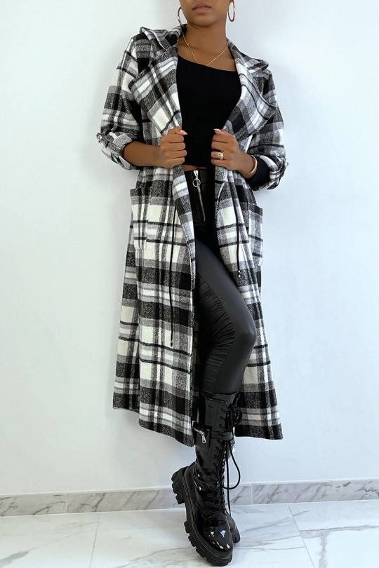 Longe veste grise à carreau noir et gris avec taille et manches ajustable - 4