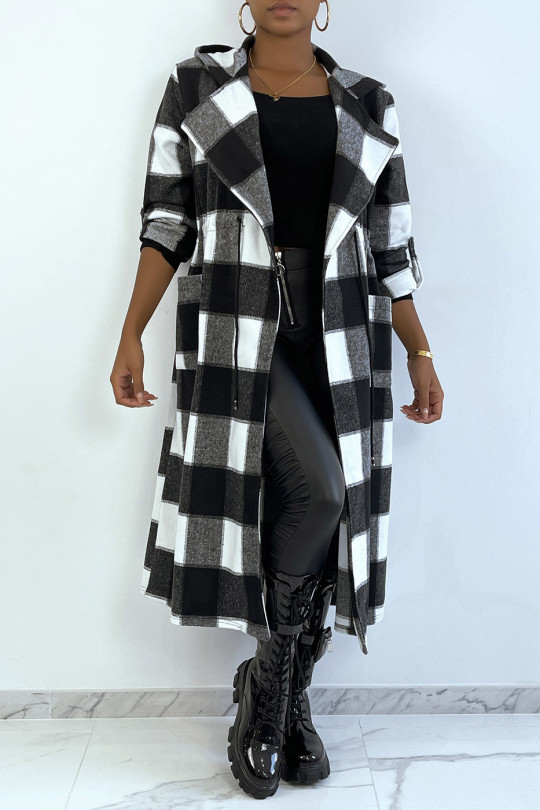 Longe veste à carreau noir et blanc avec taille et manches ajustable - 1