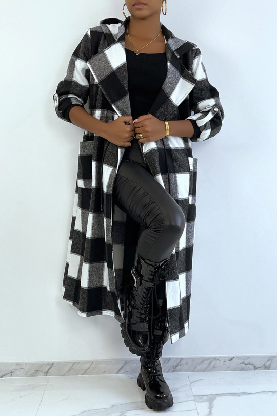 Longe veste à carreau noir et blanc avec taille et manches ajustable - 2