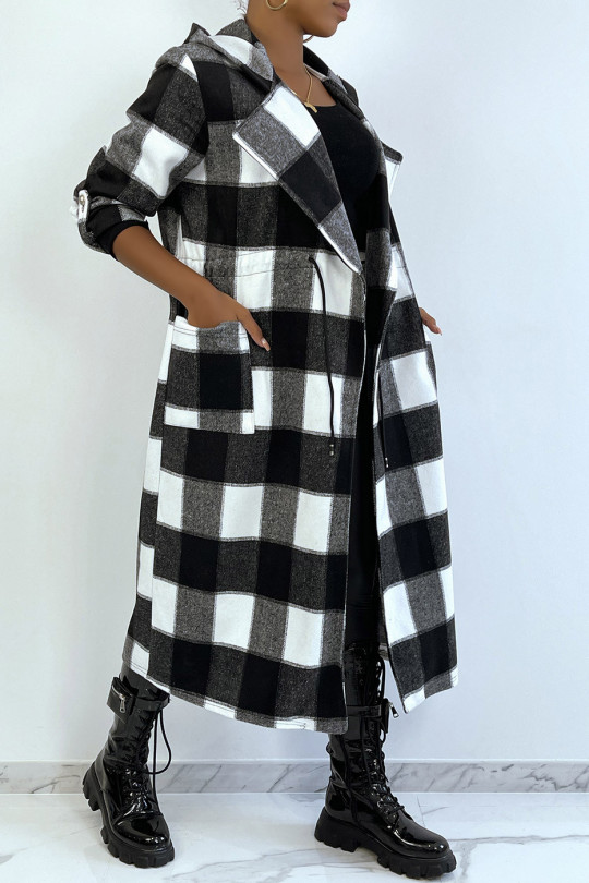 Longe veste à carreau noir et blanc avec taille et manches ajustable - 3