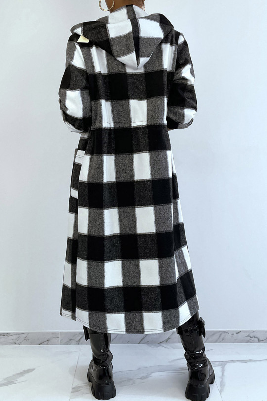 Longe veste à carreau noir et blanc avec taille et manches ajustable - 4