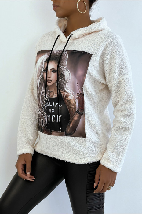 Haut à capuche avec dessin à l'avant dans une belle matière douce - 2