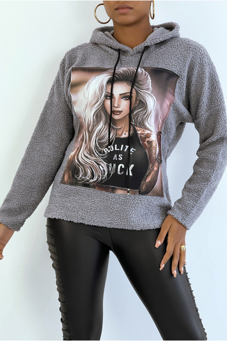 Gray hooded top with design on the front in a beautiful soft material - 1