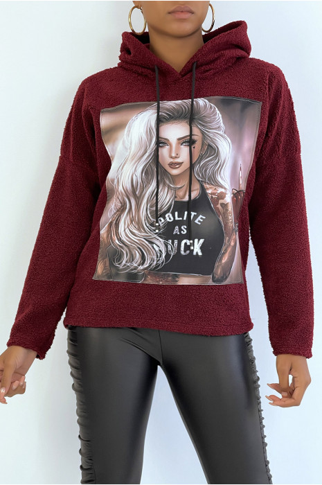 Burgundy hooded top with design on the front in a beautiful soft material - 1