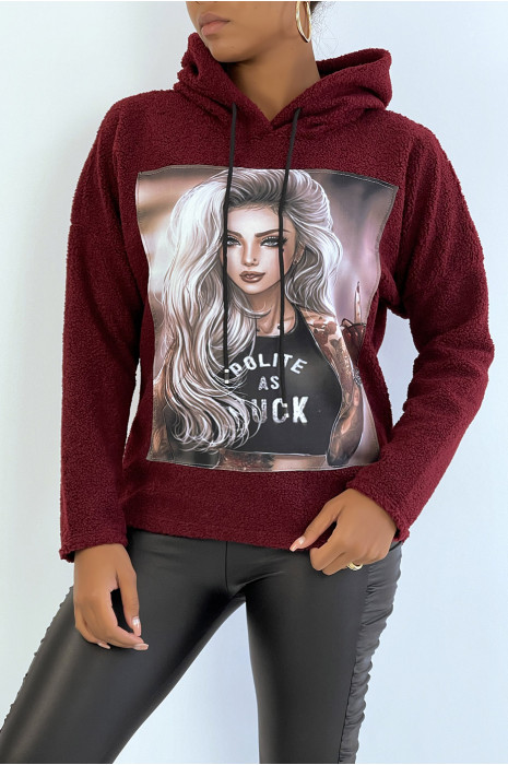 Bordeauxrode hooded top met design aan de voorkant in een mooie zachte stof - 2