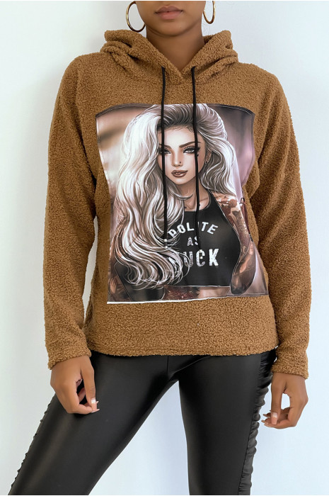 Haut à capuche camel avec dessin à l'avant dans une belle matière douce - 1