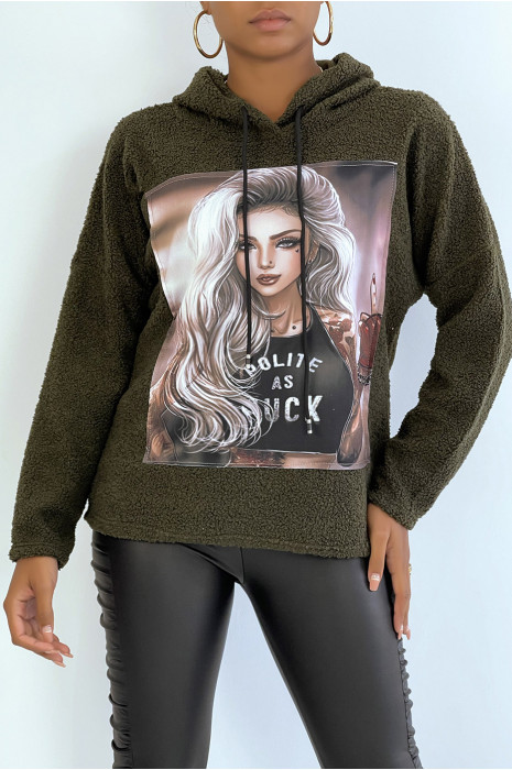 Khaki hooded top with design on the front in a beautiful soft material - 1