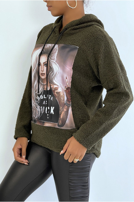 Kaki hooded top met design aan de voorkant in een mooie zachte stof - 2