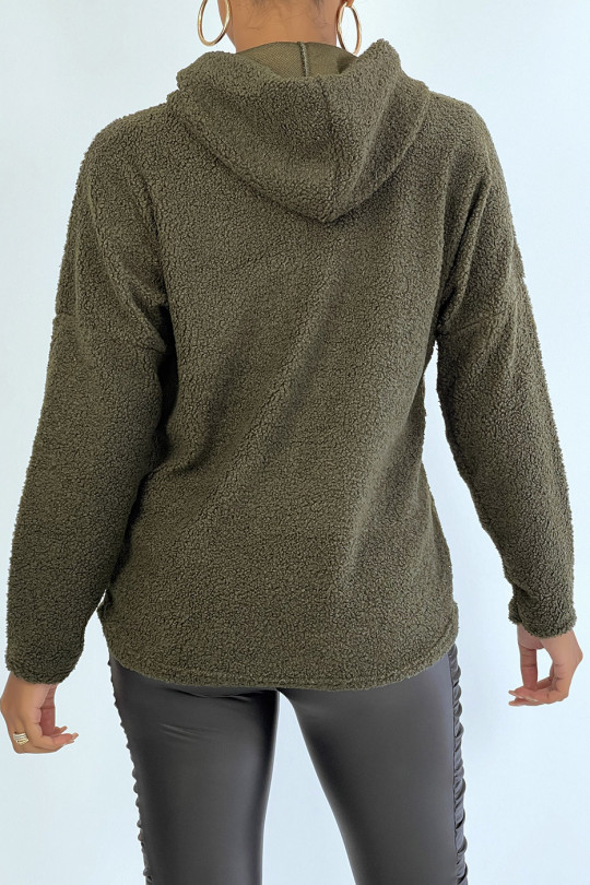 Khaki hooded top with design on the front in a beautiful soft material - 3