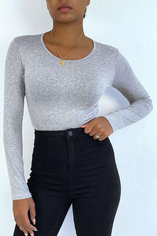 Gray sweater with round neck and long sleeves - 1