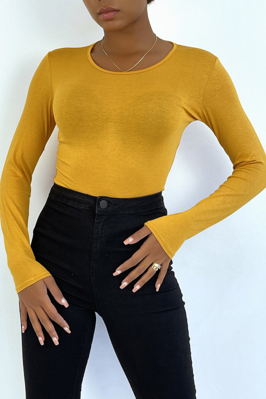 Mustard sweater with round neck and long sleeves - 1