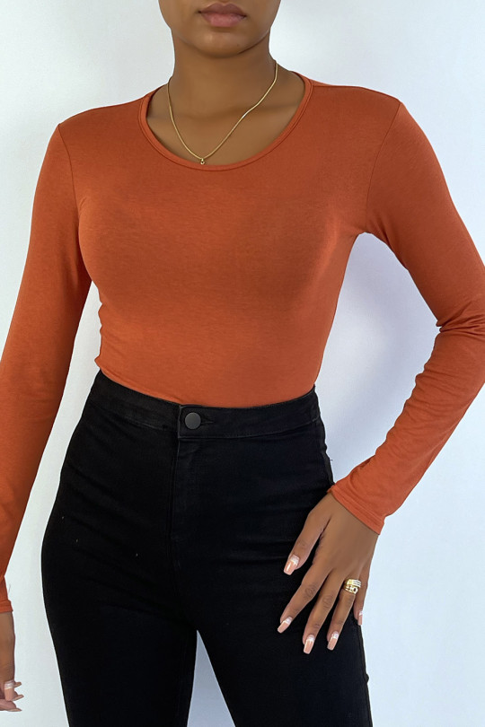 Cognac sweater with round neck and long sleeves - 1