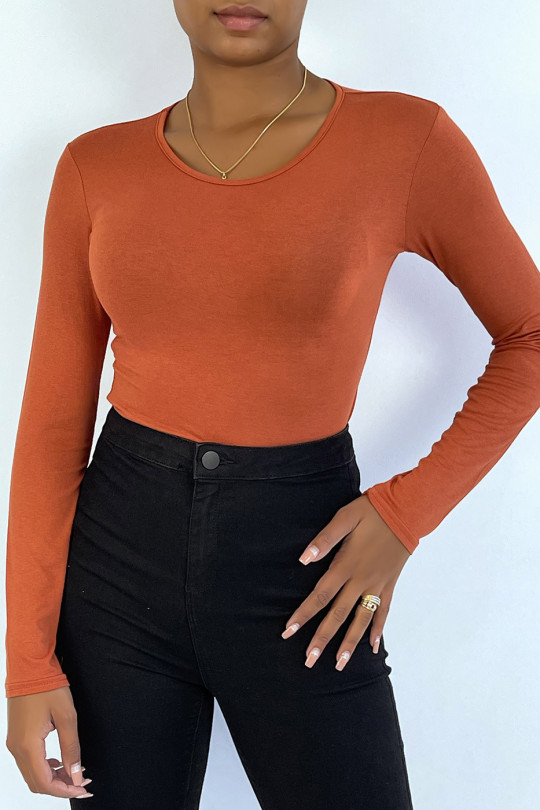 Cognac sweater with round neck and long sleeves - 3