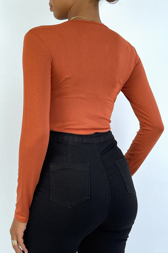 Cognac sweater with round neck and long sleeves - 6