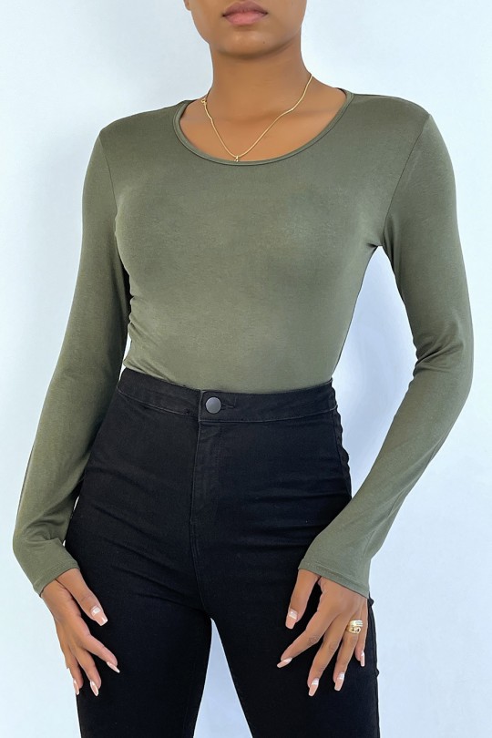 Khaki sweater with round neck and long sleeves - 1