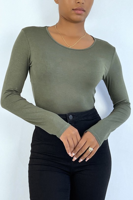 Khaki sweater with round neck and long sleeves - 2