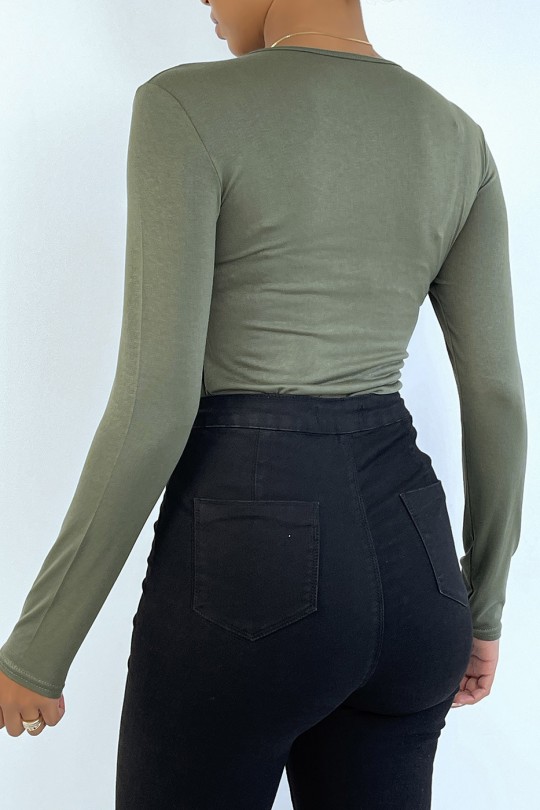 Khaki sweater with round neck and long sleeves - 4